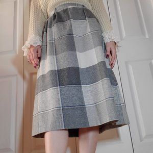 Vintage grayscale & blue plaid circle midi skirt